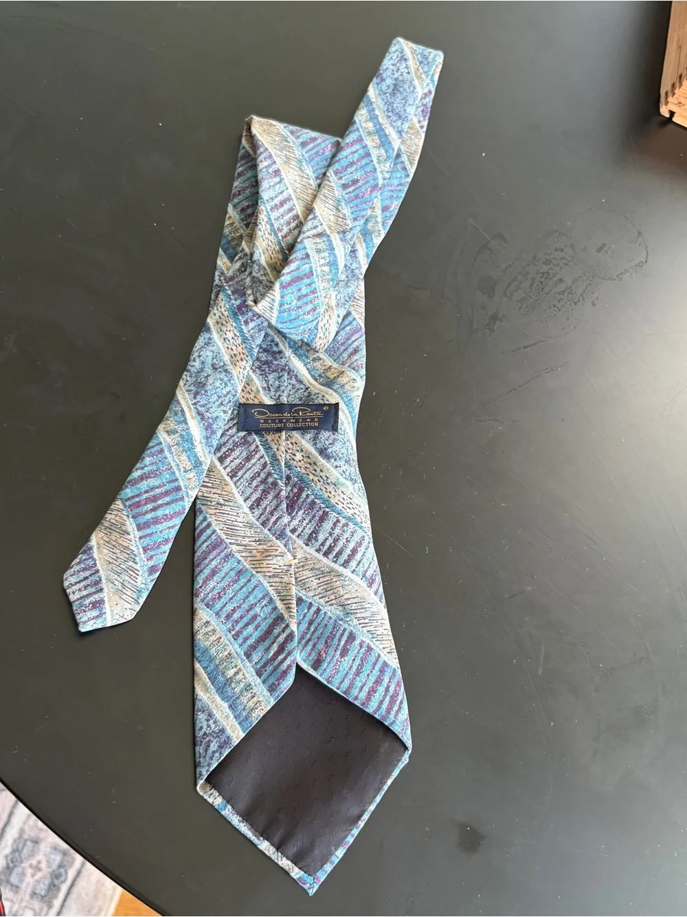 Vintage Oscar de la Renta Couture Collection Silk Tie Abstract Blue Teal USA